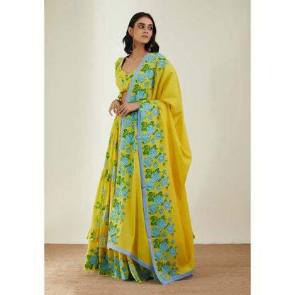 Label Earthen Women Yellow Floral Lehenga with Choli & Dupatta (Set of 3)