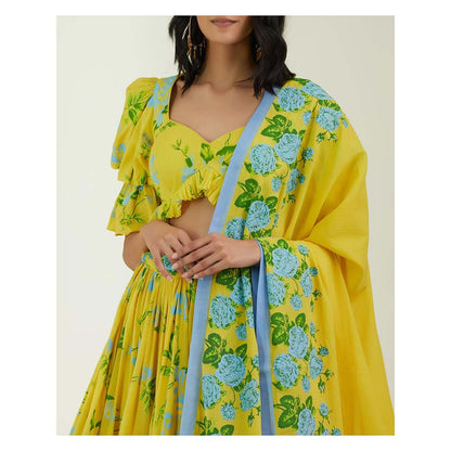 Label Earthen Women Yellow Floral Lehenga with Choli & Dupatta (Set of 3)