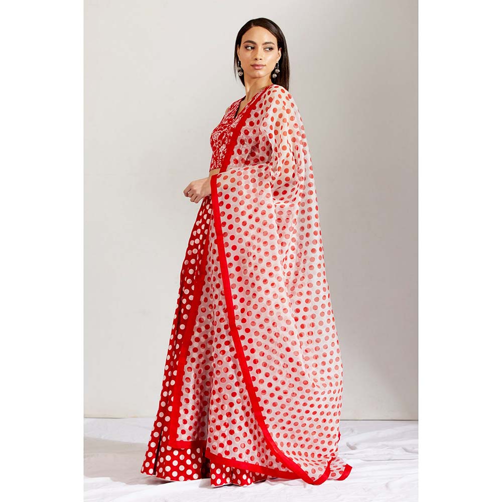 Label Earthen Women Red Floral Lehenga with Choli & Dupatta (Set of 3)