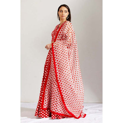 Label Earthen Women Red Floral Lehenga with Choli & Dupatta (Set of 3)