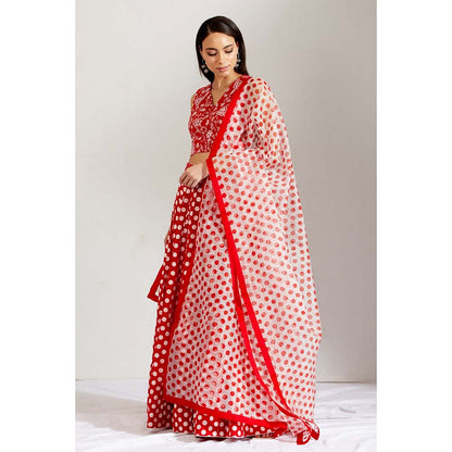 Label Earthen Women Red Floral Lehenga with Choli & Dupatta (Set of 3)