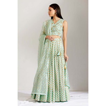 Label Earthen Women Green Floral Lehenga with Choli & Dupatta (Set of 3)