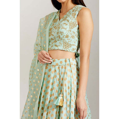 Label Earthen Women Green Floral Lehenga with Choli & Dupatta (Set of 3)