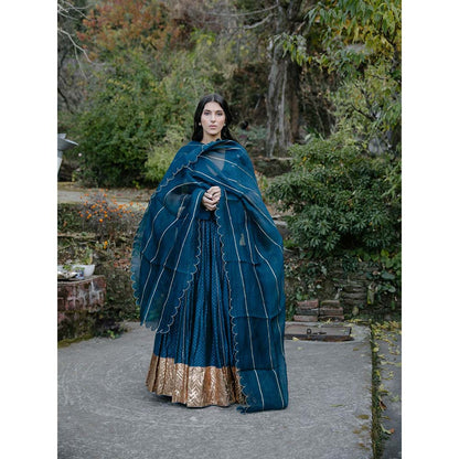 Label Earthen Women Teal Printed Lehenga with Choli & Dupatta (Set of 3)