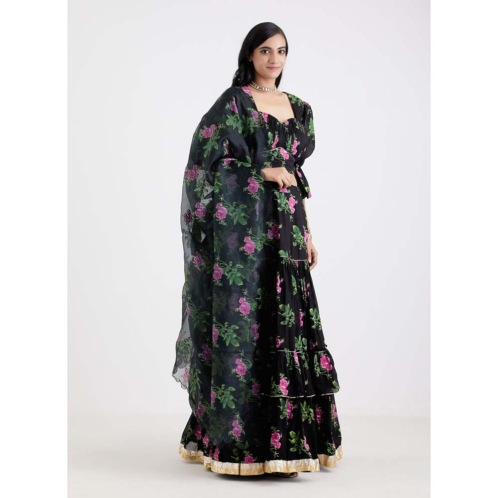 Label Earthen Women Black Floral Lehenga with Choli & Dupatta (Set of 3)