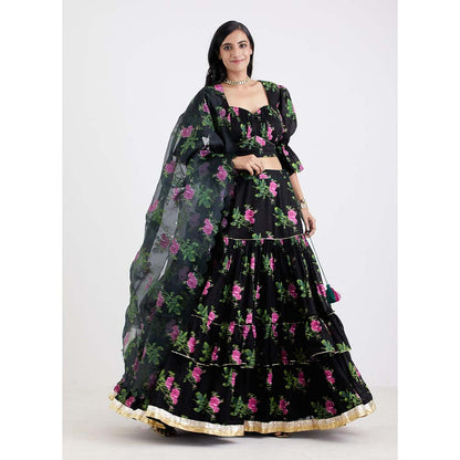 Label Earthen Women Black Floral Lehenga with Choli & Dupatta (Set of 3)