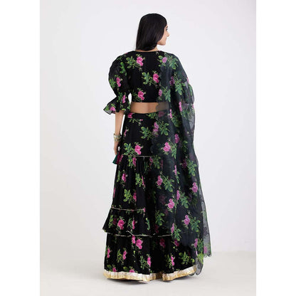 Label Earthen Women Black Floral Lehenga with Choli & Dupatta (Set of 3)