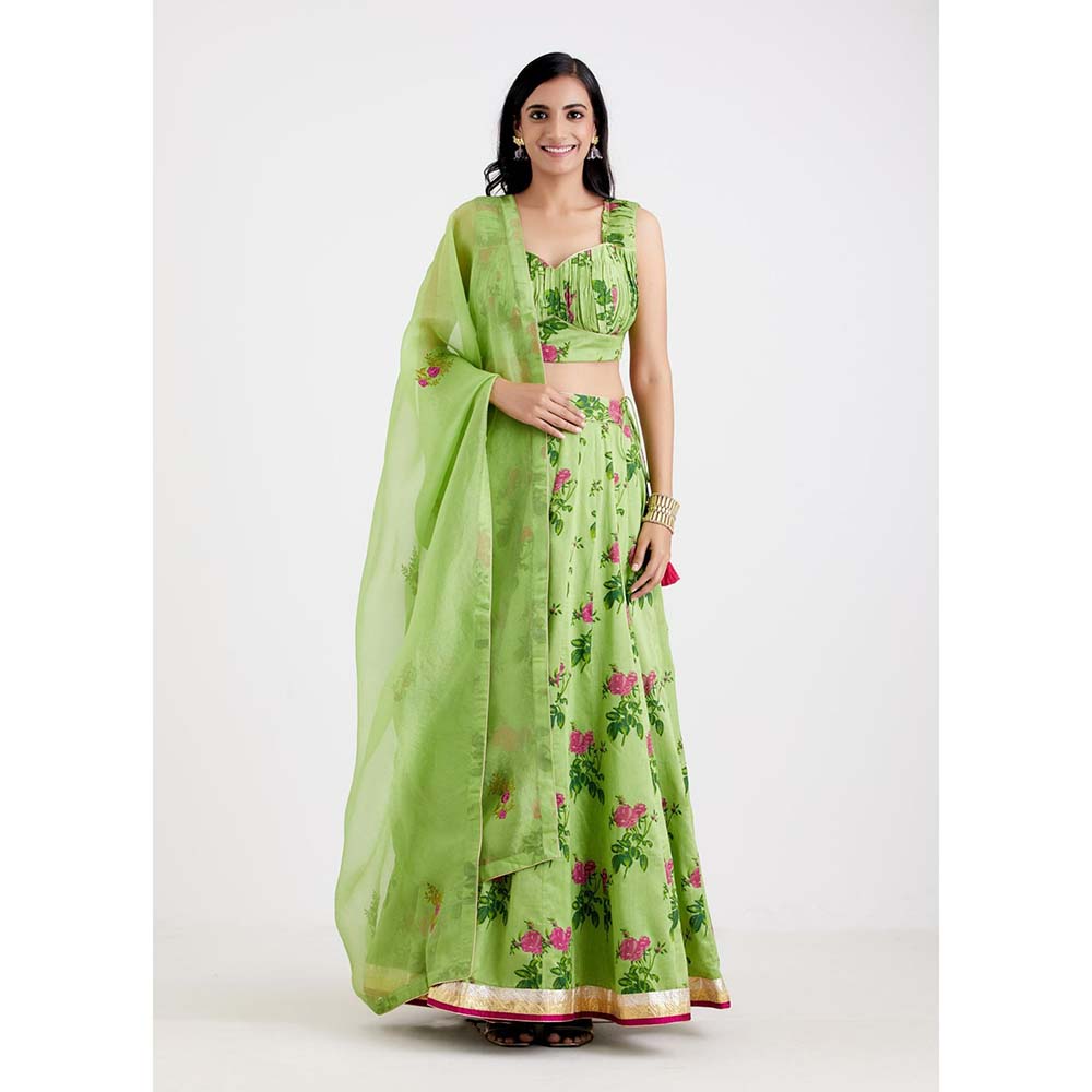 Label Earthen Women Green Floral Lehenga with Choli & Dupatta (Set of 3)
