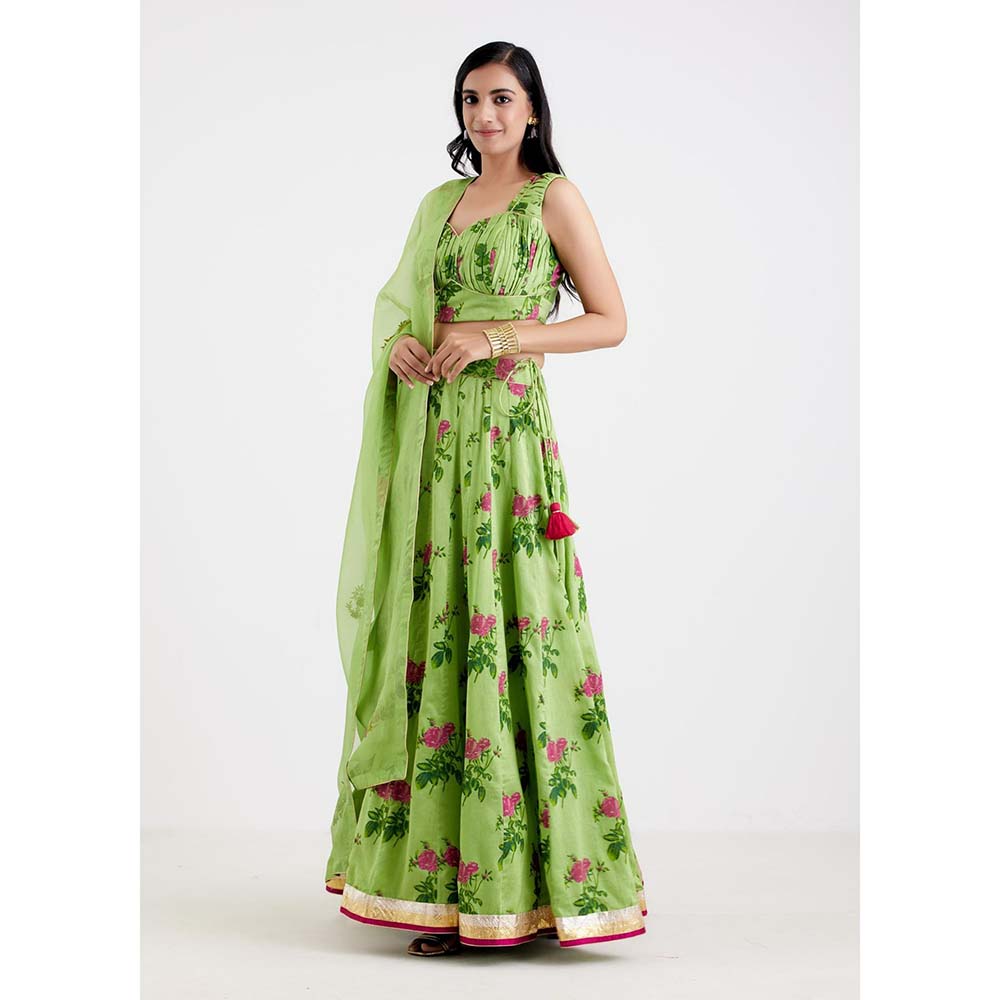 Label Earthen Women Green Floral Lehenga with Choli & Dupatta (Set of 3)