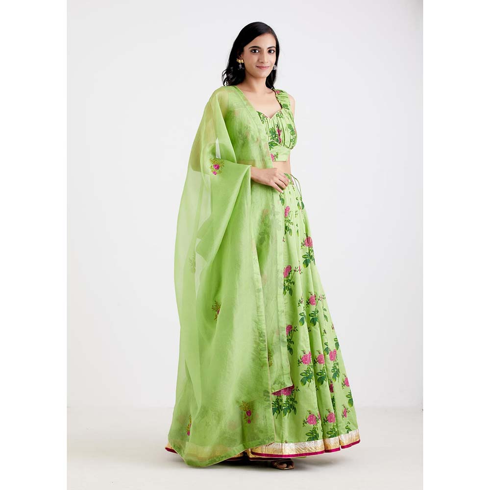 Label Earthen Women Green Floral Lehenga with Choli & Dupatta (Set of 3)