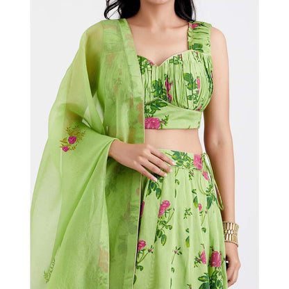 Label Earthen Women Green Floral Lehenga with Choli & Dupatta (Set of 3)