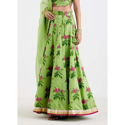 Label Earthen Women Green Floral Lehenga with Choli & Dupatta (Set of 3)