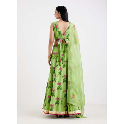 Label Earthen Women Green Floral Lehenga with Choli & Dupatta (Set of 3)