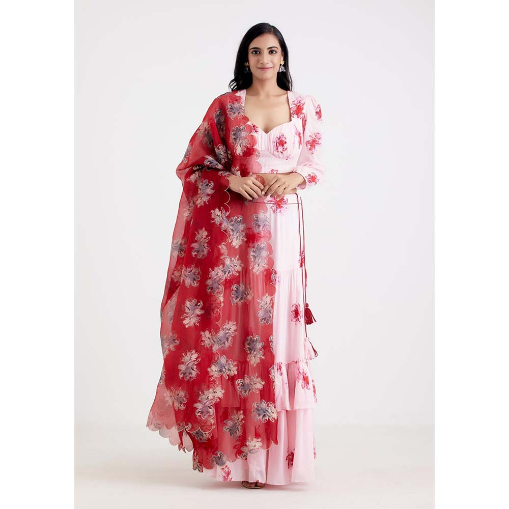 Label Earthen Women Pink Floral Lehenga with Choli & Dupatta (Set of 3)