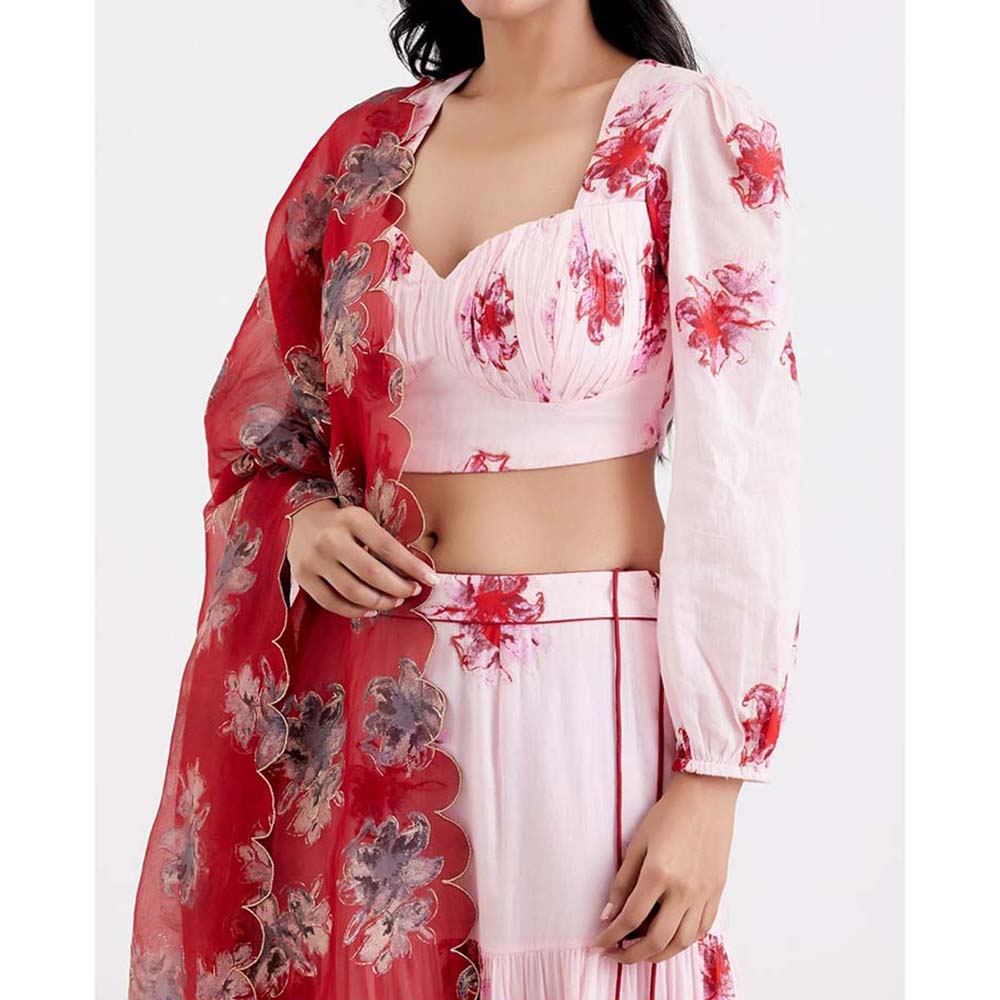 Label Earthen Women Pink Floral Lehenga with Choli & Dupatta (Set of 3)