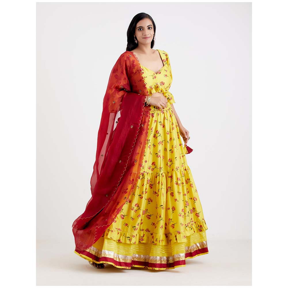 Label Earthen Women Yellow Floral Lehenga with Choli & Dupatta (Set of 3)
