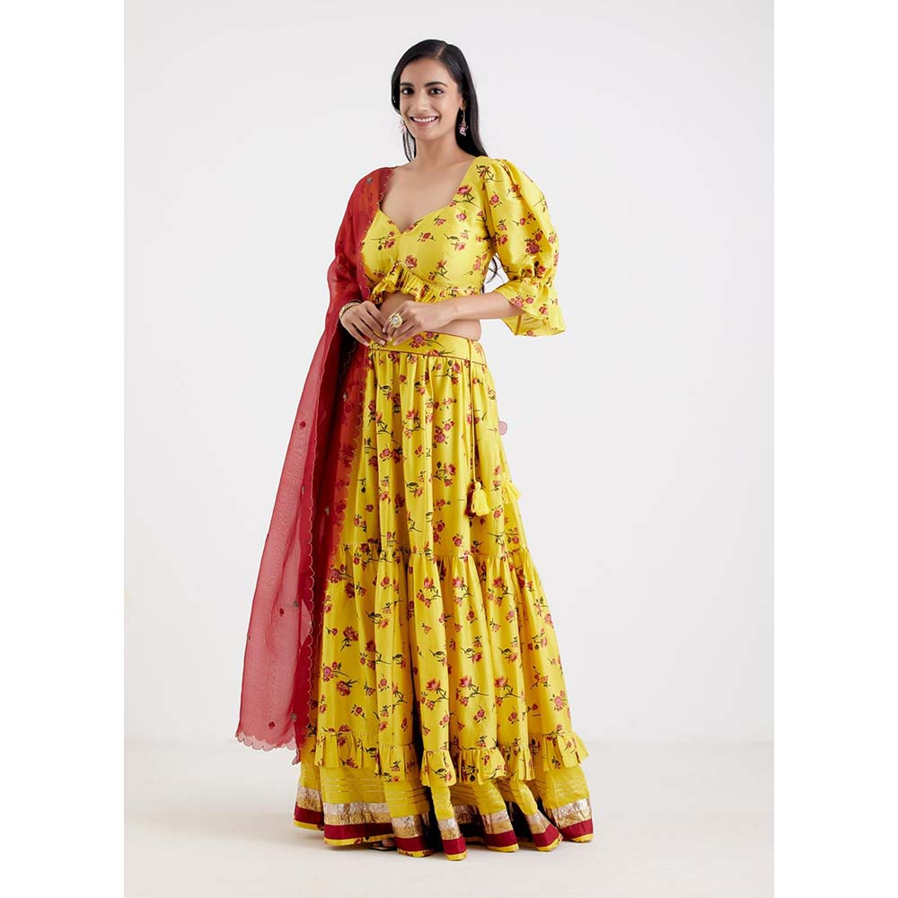 Label Earthen Women Yellow Floral Lehenga with Choli & Dupatta (Set of 3)