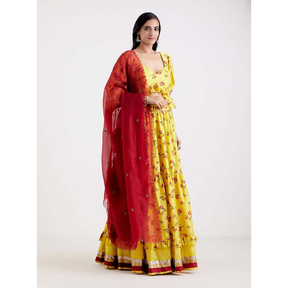 Label Earthen Women Yellow Floral Lehenga with Choli & Dupatta (Set of 3)