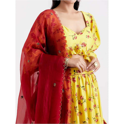 Label Earthen Women Yellow Floral Lehenga with Choli & Dupatta (Set of 3)