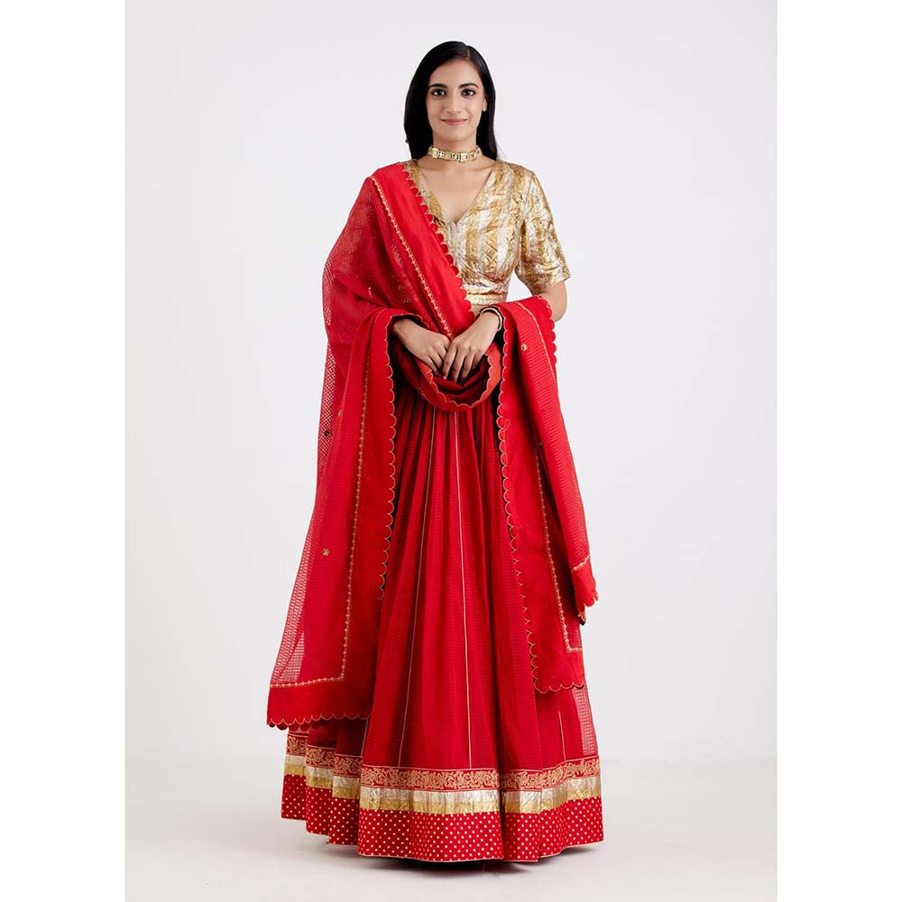 Label Earthen Women Red Checks Lehenga with Choli & Dupatta (Set of 3)