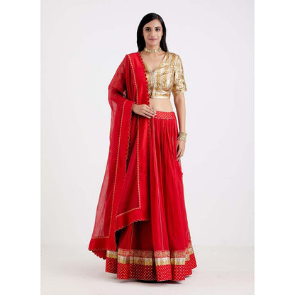 Label Earthen Women Red Checks Lehenga with Choli & Dupatta (Set of 3)
