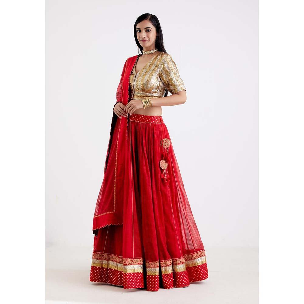Label Earthen Women Red Checks Lehenga with Choli & Dupatta (Set of 3)