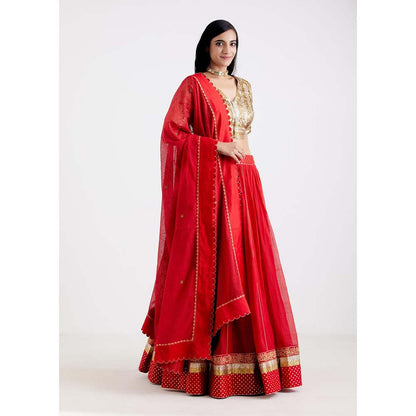 Label Earthen Women Red Checks Lehenga with Choli & Dupatta (Set of 3)