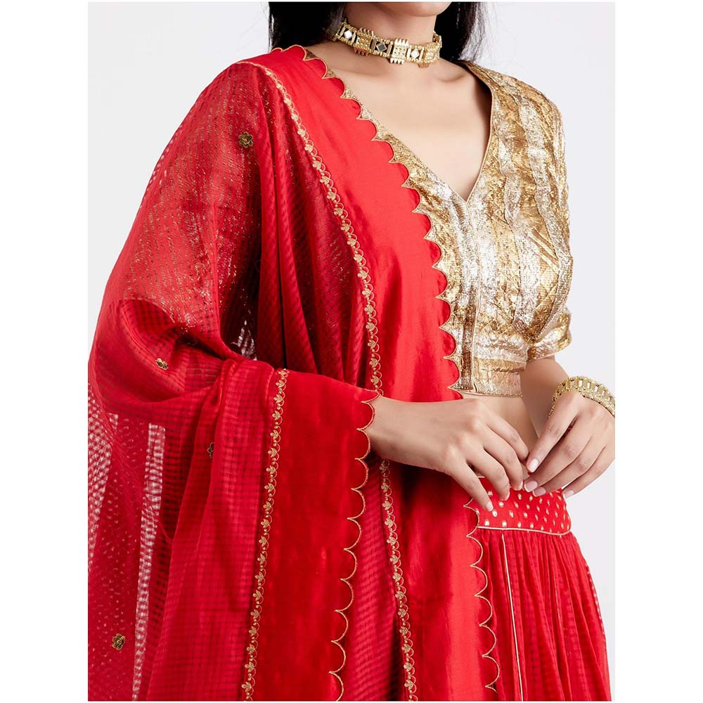 Label Earthen Women Red Checks Lehenga with Choli & Dupatta (Set of 3)