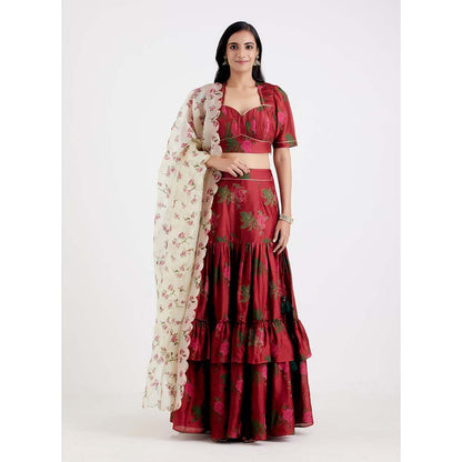 Label Earthen Women Maroon Floral Lehenga with Choli & Dupatta (Set of 3)