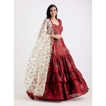 Label Earthen Women Maroon Floral Lehenga with Choli & Dupatta (Set of 3)