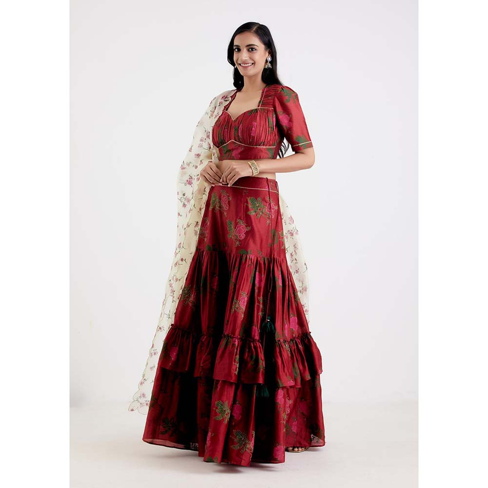 Label Earthen Women Maroon Floral Lehenga with Choli & Dupatta (Set of 3)