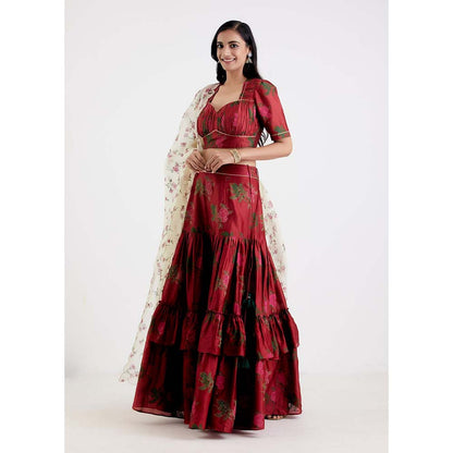 Label Earthen Women Maroon Floral Lehenga with Choli & Dupatta (Set of 3)