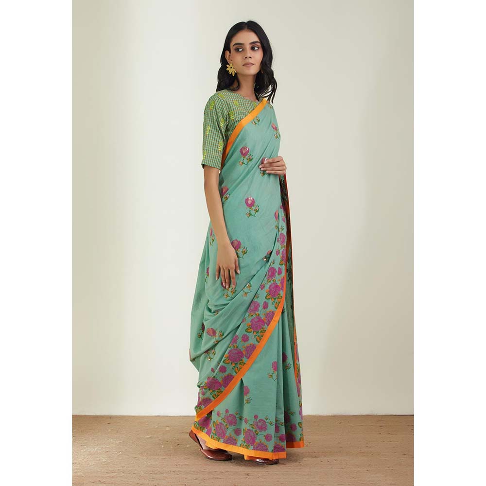 Label Earthen Women Green Floral Saree with Stitched Blouse