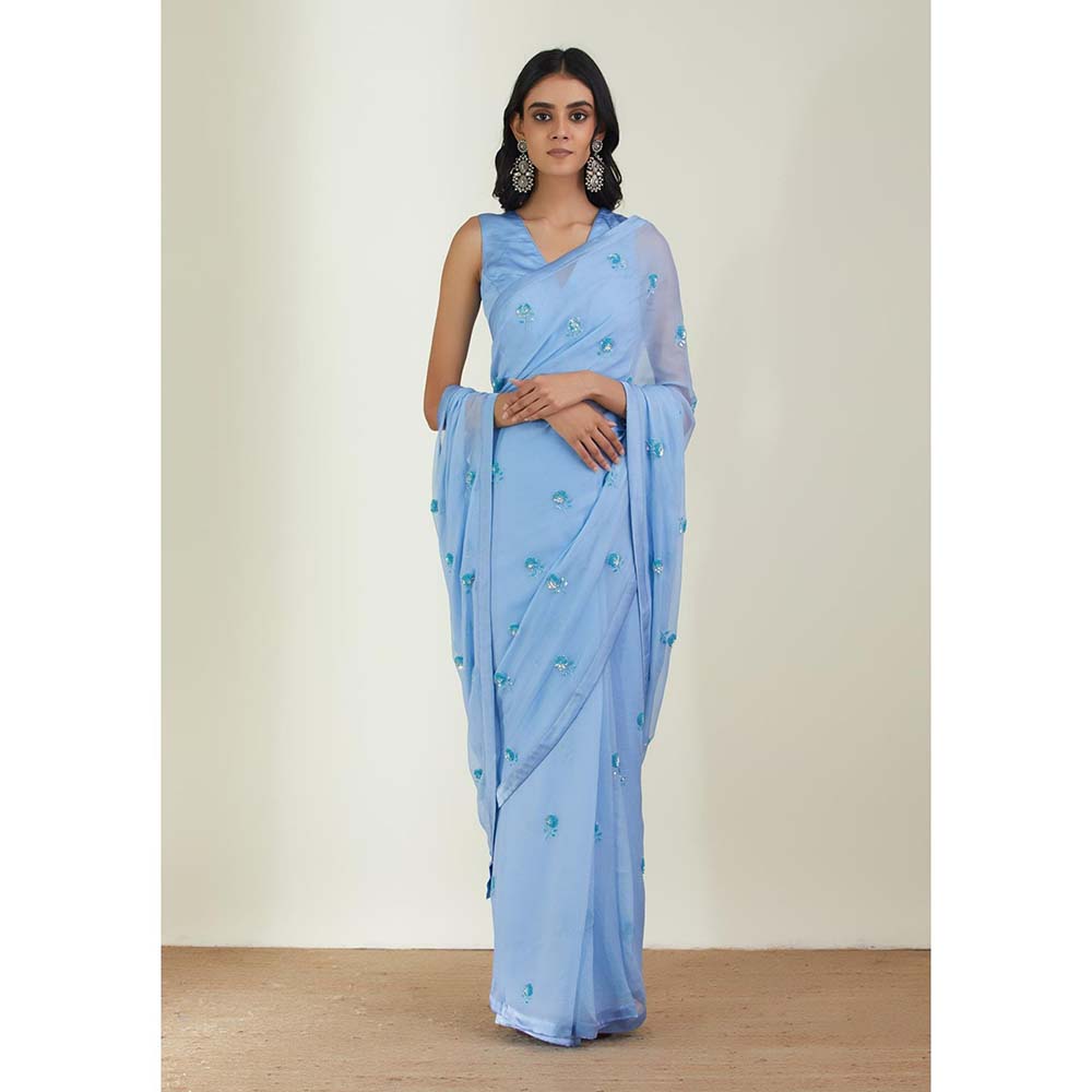 Label Earthen Women Blue Floral Saree with Stitched Blouse