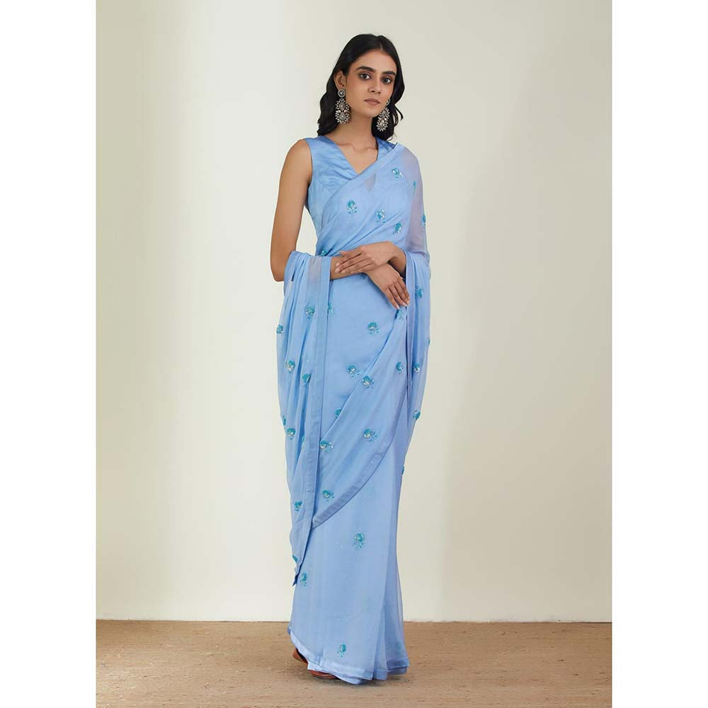 Label Earthen Women Blue Floral Saree with Stitched Blouse