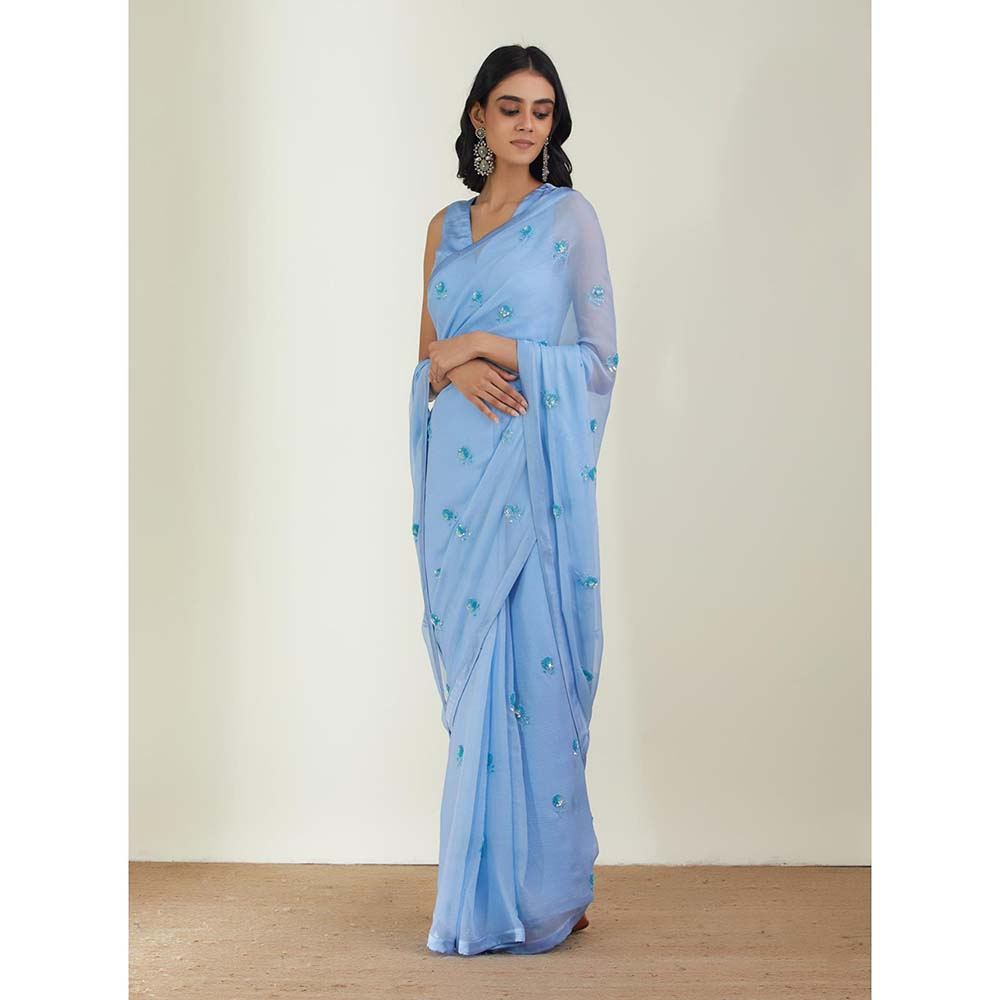 Label Earthen Women Blue Floral Saree with Stitched Blouse