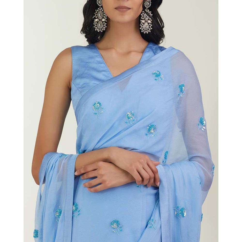 Label Earthen Women Blue Floral Saree with Stitched Blouse