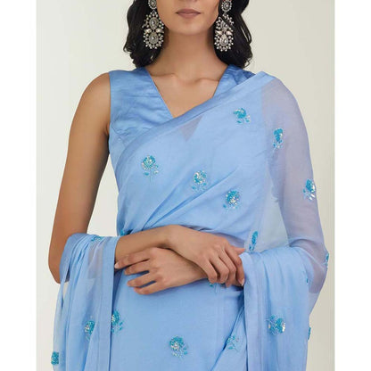 Label Earthen Women Blue Floral Saree with Stitched Blouse