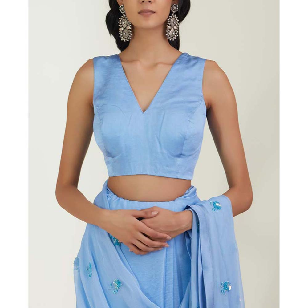 Label Earthen Women Blue Floral Saree with Stitched Blouse