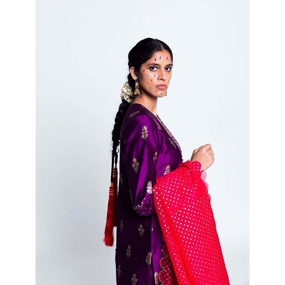 Label Earthen Women Purple Woven Kurta with Churidar & Dupatta (Set of 3)