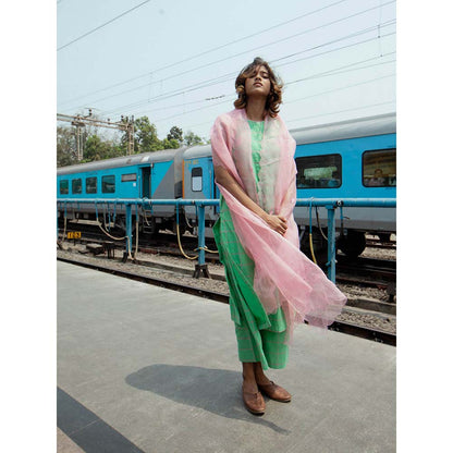 Label Earthen Women Green Checks Kurta with Pant (Set of 2)