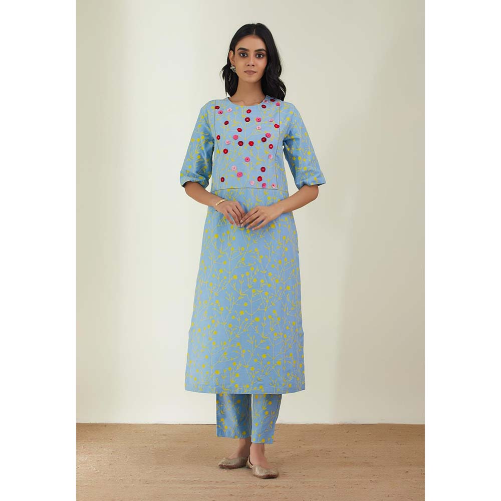Label Earthen Women Blue Floral Kurta with Pant (Set of 2)