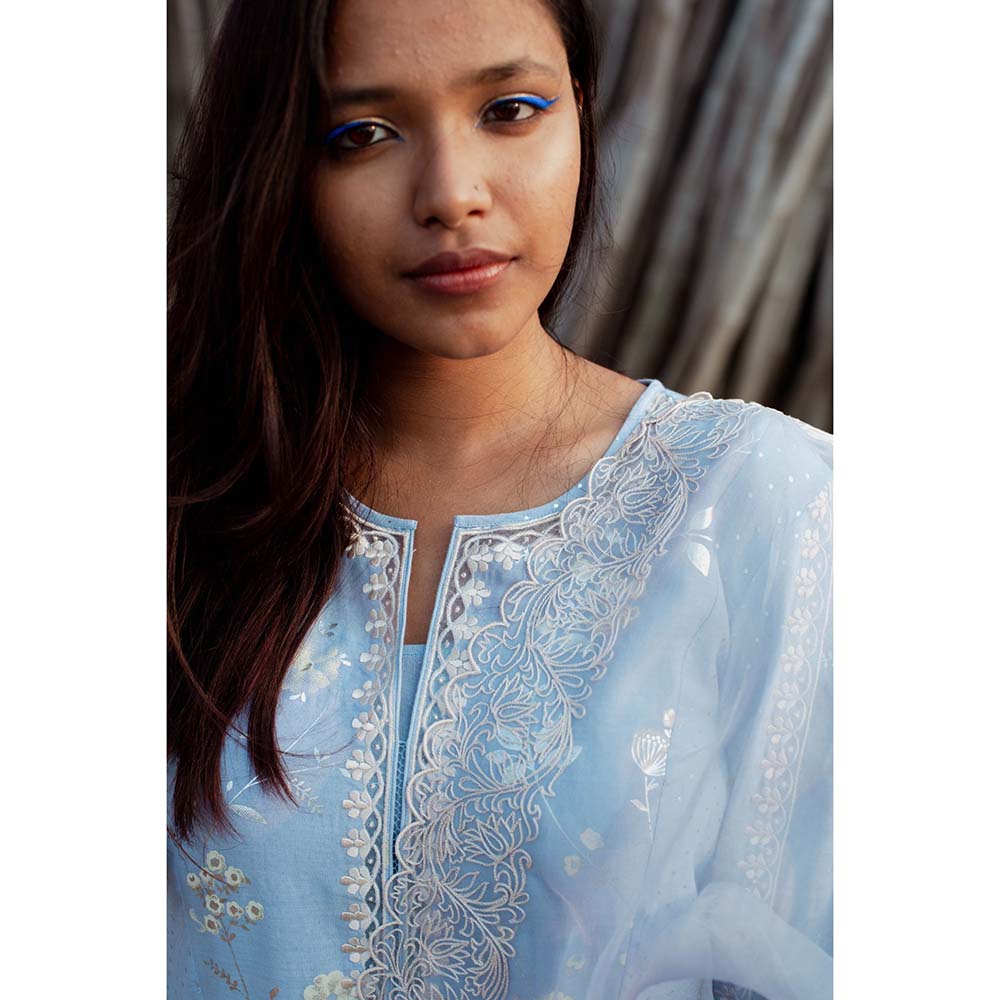 Label Earthen Women Blue Embroidered Kurta with Pant & Dupatta (Set of 3)