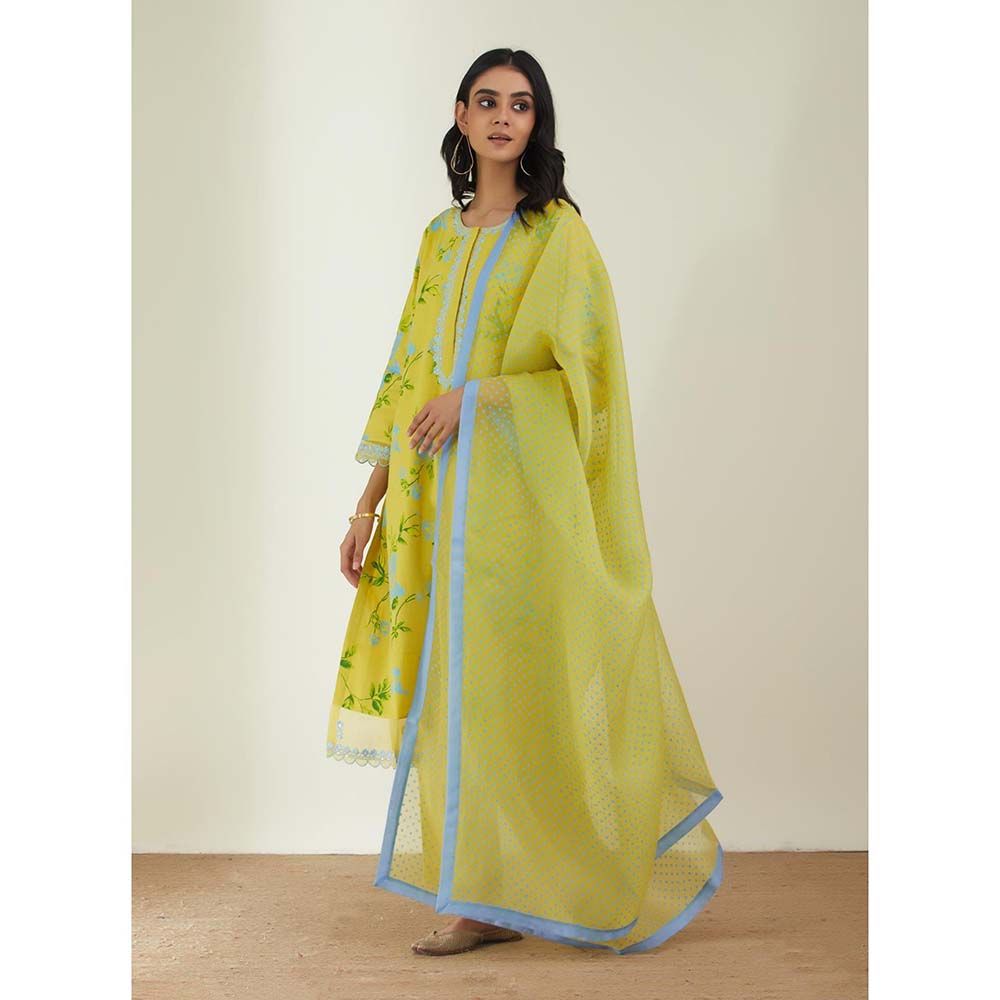Label Earthen Women Yellow Floral Kurta with Pant & Dupatta (Set of 3)