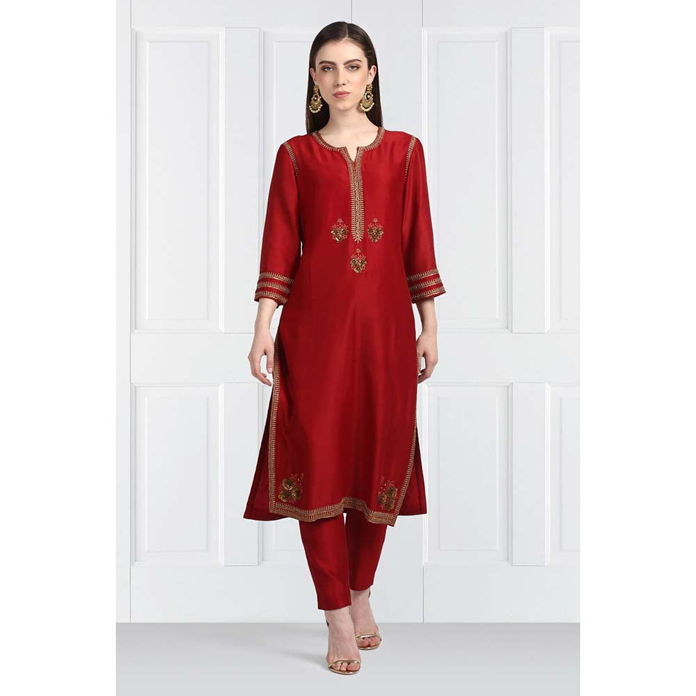 Label Earthen Women Maroon Embroidered Kurta with Pant & Dupatta (Set of 3)