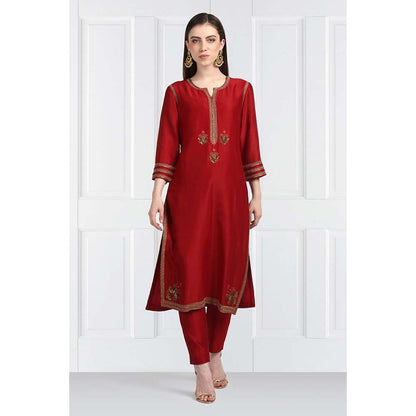 Label Earthen Women Maroon Embroidered Kurta with Pant & Dupatta (Set of 3)