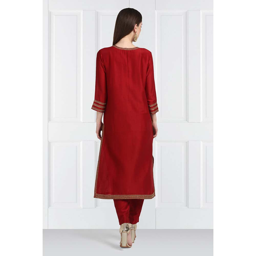 Label Earthen Women Maroon Embroidered Kurta with Pant & Dupatta (Set of 3)