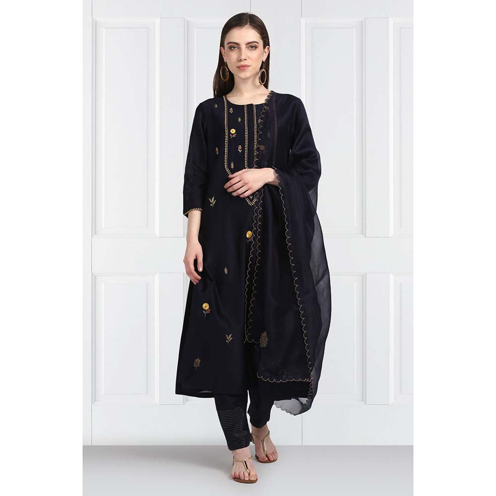 Label Earthen Women Navy Blue Embroidered Kurta with Pant & Dupatta (Set of 3)