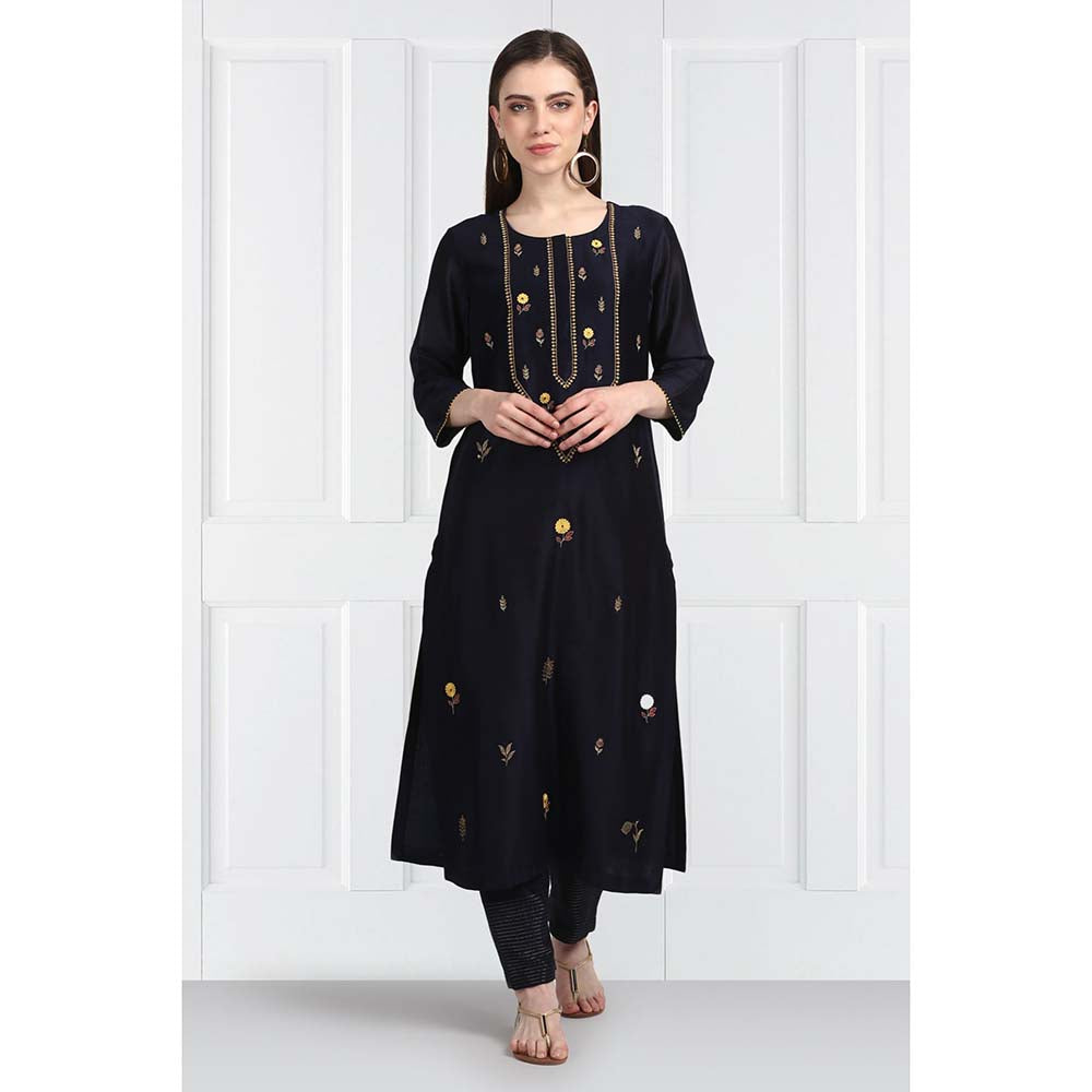Label Earthen Women Navy Blue Embroidered Kurta with Pant & Dupatta (Set of 3)