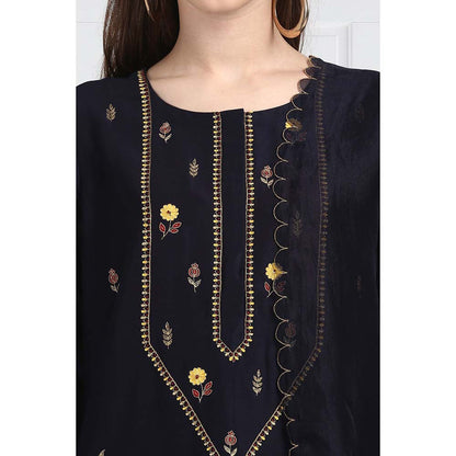 Label Earthen Women Navy Blue Embroidered Kurta with Pant & Dupatta (Set of 3)
